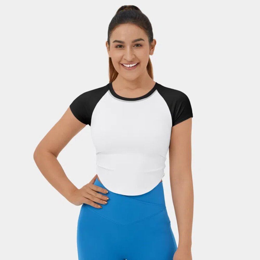 Softlyzero™ Airy Color Block Ruched Curved Hem Cropped Cool Touch Casual T-Shirt